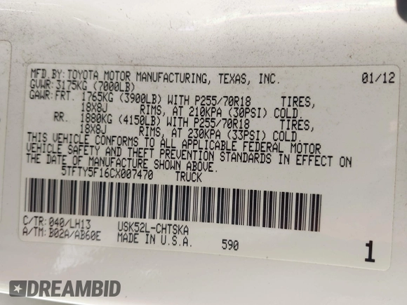 2012 Toyota Tundra SR with VIN 5TFTY5F16CX007470, listed as a IAAI auction lot 42707364 with 199,480 mi miles and . Bid and sale history available at DreamBid. Image 9.