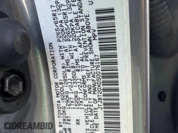 2005 Lexus GX 470 z VIN JTJBT20X050076167, wystawiony jako Copart lot #59916595 z przebiegiem 297 768 mil mil oraz Czysty tytuł • Clean title. Historia ofert i sprzedaży dostępna na DreamBid. Obrazek 10.