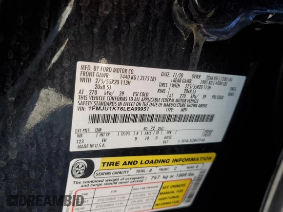 2020 Ford Expedition Limited with VIN 1FMJU1KT6LEA99951, listed as a Copart auction lot 41622145 with 97,883 mi miles and Salvage title. Bid and sale history available at DreamBid. Image 13.