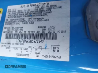 2017 Ford Mustang V6 with VIN 1FA6P8AM5H5272540, listed as a IAAI auction lot 41101738 with Not Provided miles and . Bid and sale history available at carsss.com. Image 9.