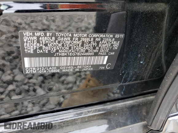 2011 Lexus ES 330 with VIN JTHBK1EG7B2448885, listed as a Copart auction lot 53674885 with Not Provided miles and Salvage Title. Bid and sale history available at DreamBid. Image 12.