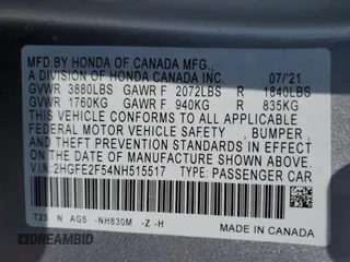 2022 Honda Civic Sport z VIN 2HGFE2F54NH515517, wystawiony jako Copart lot #54695585 z przebiegiem Nie podano mil oraz Szkoda całkowita • Salvage title. Historia ofert i sprzedaży dostępna na DreamBid. Obrazek 13.