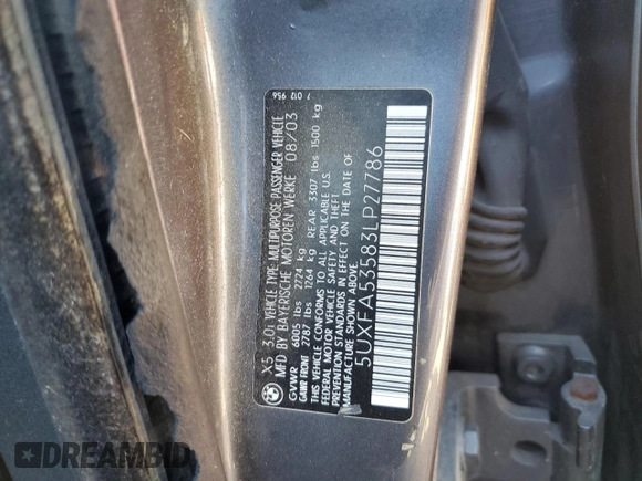 2003 BMW X5 3.0i with VIN 5UXFA53583LP27786, listed as a Copart auction lot 72170034 with 177,901 mi miles and Salvage Title. Bid and sale history available at carsss.com. Image 12.