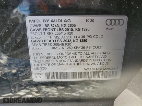 2021 Audi SQ5 Premium Plus with VIN WA1B4AFY3M2022417, listed as a Copart auction lot 40376364 with 37,831 mi miles and . Bid and sale history available at DreamBid. Image 15.