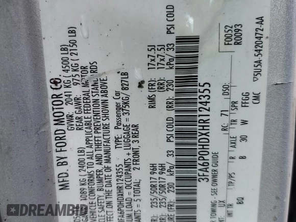 2017 Ford Fusion SE with VIN 3FA6P0HDXHR124355, listed as a Copart auction lot 51341715 with 99,984 mi miles and Salvage Title. Bid and sale history available at DreamBid. Image 14.