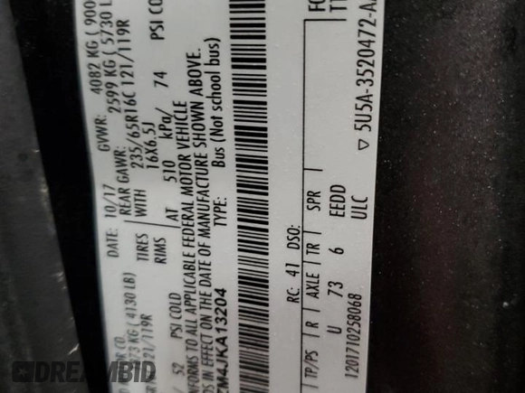 2018 Ford Transit Passenger XL с VIN 1FBZX2ZM4JKA13204, выставлен на аукционе Copart как лот 44975995 с пробегом 107 068 миль миль и Списание • Salvage title. История ставок и продаж доступна на DreamBid. Изображение 14.
