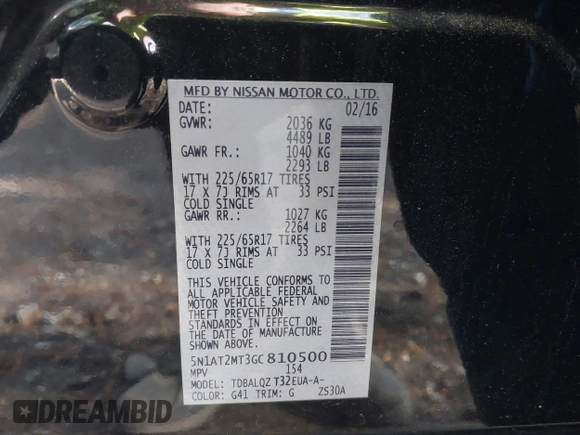 2016 Nissan Rogue SL with VIN 5N1AT2MT3GC810500, listed as a IAAI auction lot 42115290 with 72,639 mi miles and . Bid and sale history available at carsss.com. Image 9.
