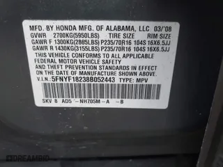 2008 Honda Pilot VP with VIN 5FNYF18238B052443, listed as a IAAI auction lot 41993151 with 105,671 mi miles. Bid and sale history available at carsss.com. Image 9.