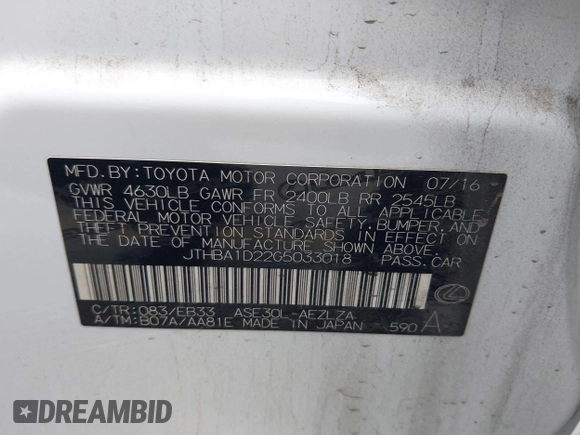 2016 Lexus IS 200t with VIN JTHBA1D22G5033018, listed as a IAAI auction lot 42029792 with 105,488 mi miles and . Bid and sale history available at DreamBid. Image 9.