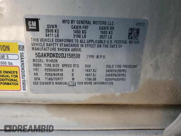 2013 Buick Enclave Premium with VIN 5GAKRDKD2DJ158508, listed as a Copart auction lot 84813194 with Not Provided miles and Salvage Title. Bid and sale history available at DreamBid. Image 13.