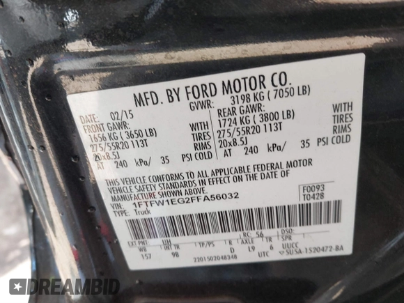 2015 Ford F-150 XLT with VIN 1FTFW1EG2FFA56032, listed as a IAAI auction lot 41435826 with 128,996 mi miles and . Bid and sale history available at carsss.com. Image 9.