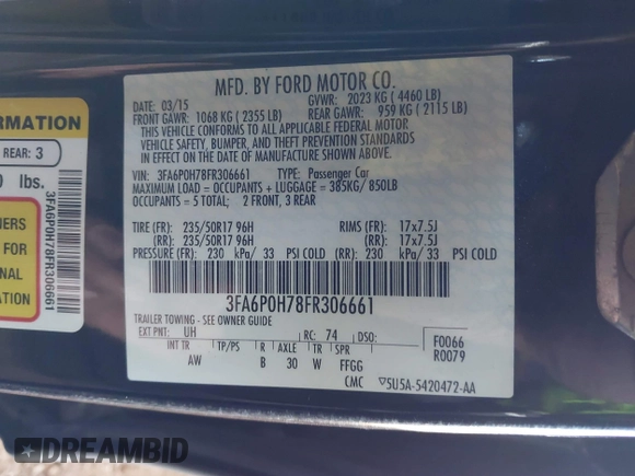2015 Ford Fusion SE with VIN 3FA6P0H78FR306661, listed as a IAAI auction lot 41642086 with 158,349 mi miles. Bid and sale history available at carsss.com. Image 9.