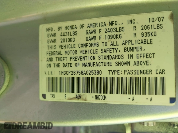 2008 Honda Accord EX with VIN 1HGCP26758A025380, listed as a IAAI auction lot 42215386 with Not Provided miles and . Bid and sale history available at DreamBid. Image 9.