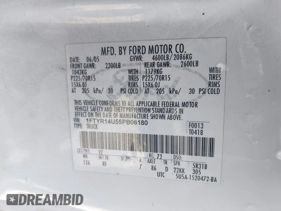 2005 Ford Ranger XL with VIN 1FTYR14U55PB06180, listed as a IAAI auction lot 42119760 with Not Provided miles. Bid and sale history available at carsss.com. Image 9.