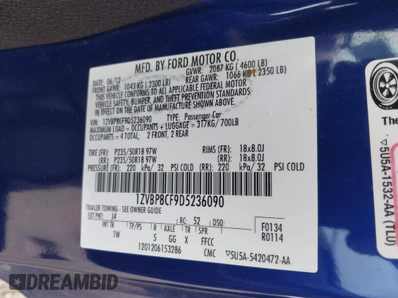 2013 Ford Mustang GT with VIN 1ZVBP8CF9D5236090, listed as a IAAI auction lot 41763178 with 106,027 mi miles and . Bid and sale history available at DreamBid. Image 9.