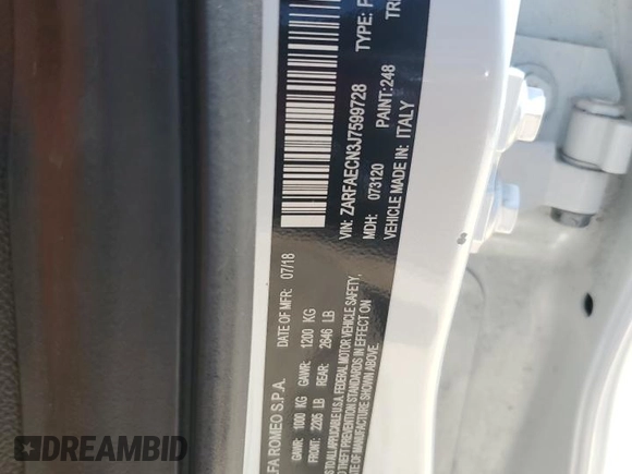 2018 Alfa Romeo Giulia Ti Sport с VIN ZARFAECN3J7599728, выставлен на аукционе Copart как лот 66533745 с пробегом Не указан миль и Списание • Salvage title. История ставок и продаж доступна на DreamBid. Изображение 12.