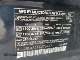 2001 Mercedes-Benz M-Class with VIN 4JGAB54E61A276417, listed as a Copart auction lot 82878094 with 205,577 mi miles and Salvage Title. Bid and sale history available at carsss.com. Image 12.