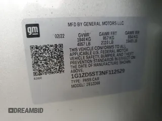 2022 Chevrolet Malibu LT with VIN 1G1ZD5ST3NF112529, listed as a Copart auction lot 51960375 with 39,798 mi miles and Non Repairable. Bid and sale history available at DreamBid. Image 13.