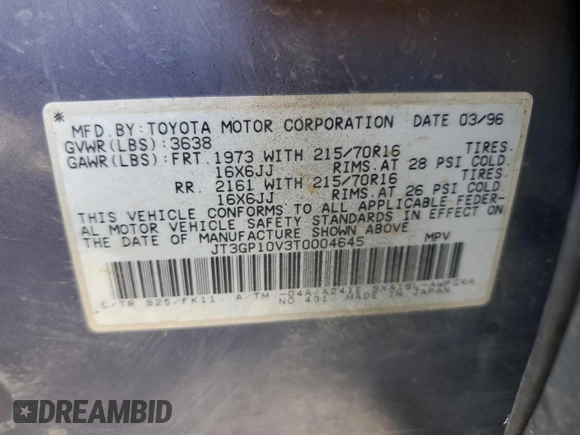 1996 Toyota RAV4 with VIN JT3GP10V3T0004645, listed as a Copart auction lot 41824105 with 237,956 mi miles and Salvage Title. Bid and sale history available at DreamBid. Image 13.