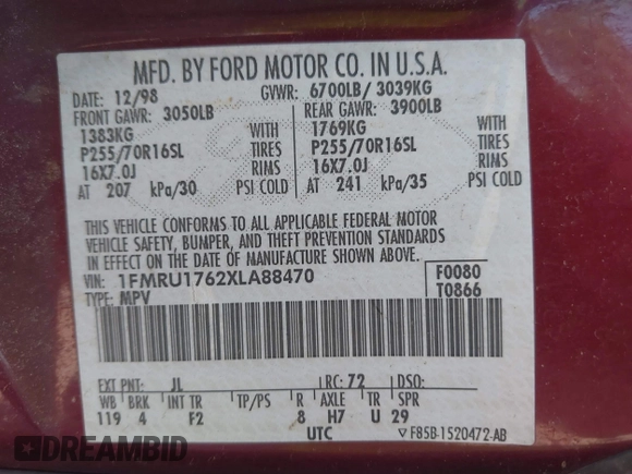 1999 Ford Expedition XLT z VIN 1FMRU1762XLA88470, wystawiony jako IAAI lot #42384804 z przebiegiem Nie podano mil oraz . Historia ofert i sprzedaży dostępna na DreamBid. Obrazek 9.