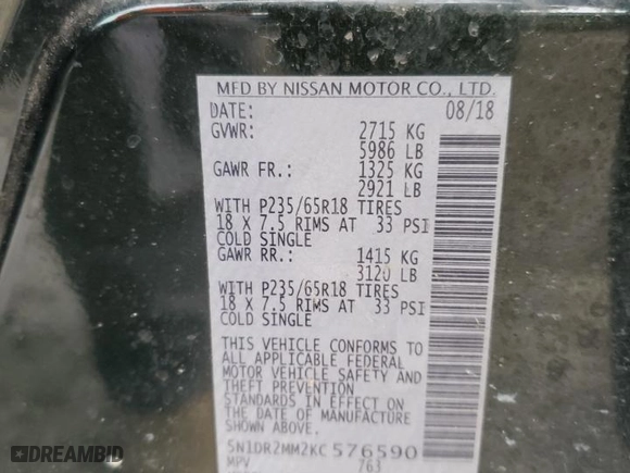 2019 Nissan Pathfinder SV with VIN 5N1DR2MM2KC576590, listed as a Copart auction lot 47466545 with 140,701 mi miles and Salvage Title. Bid and sale history available at carsss.com. Image 14.