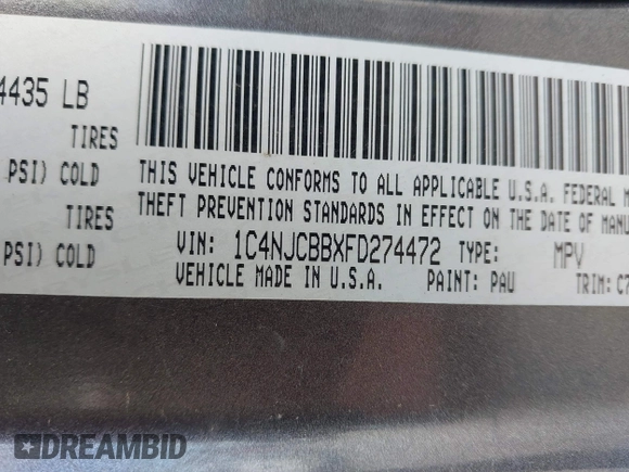2015 Jeep Compass Sport with VIN 1C4NJCBBXFD274472, listed as a IAAI auction lot 41629585 with 124,407 mi miles. Bid and sale history available at carsss.com. Image 9.