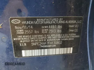 2015 Hyundai Sonata 2.4L SE with VIN 5NPE24AF7FH130802, listed as a Copart auction lot 53160155 with 143,477 mi miles and Clean Title. Bid and sale history available at carsss.com. Image 12.