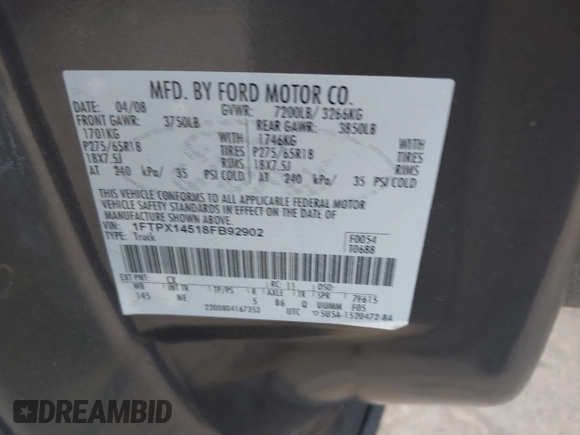 2008 Ford F-150 XLT с VIN 1FTPX14518FB92902, выставлен на аукционе IAAI как лот 42163656 с пробегом 155 797 миль миль и . История ставок и продаж доступна на DreamBid. Изображение 9.