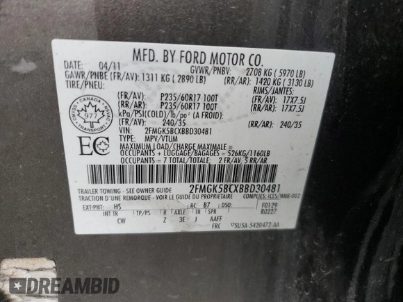 2011 Ford Flex SE with VIN 2FMGK5BCXBBD30481, listed as a Copart auction lot 88502015 with 253,133 mi miles and Salvage Title. Bid and sale history available at carsss.com. Image 13.