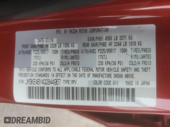 2016 Mazda CX-5 Sport with VIN JM3KE4BY4G0844967, listed as a Copart auction lot 54829885 with 95,653 mi miles and Salvage title. Bid and sale history available at DreamBid. Image 14.