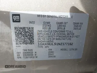 2022 GMC Acadia SLT with VIN 1GKKNULS1NZ177162, listed as a IAAI auction lot 41208689 with 41,194 mi miles and . Bid and sale history available at DreamBid. Image 9.