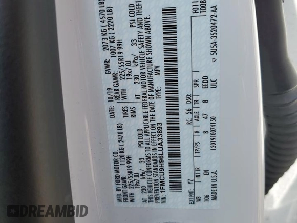 2020 Ford Escape SEL with VIN 1FMCU9H96LUA33893, listed as a Copart auction lot 58274295 with 48,011 mi miles and Clean title. Bid and sale history available at DreamBid. Image 12.