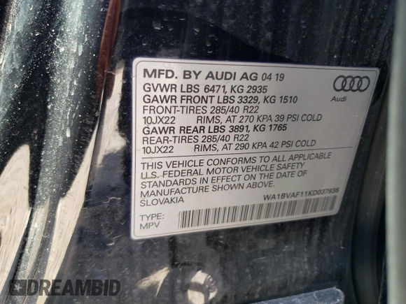 2019 Audi Q8 Premium Plus z VIN WA1BVAF11KD037936, wystawiony jako Copart lot #48173645 z przebiegiem 55 357 mil mil oraz Szkoda całkowita • Salvage title. Historia ofert i sprzedaży dostępna na DreamBid. Obrazek 16.