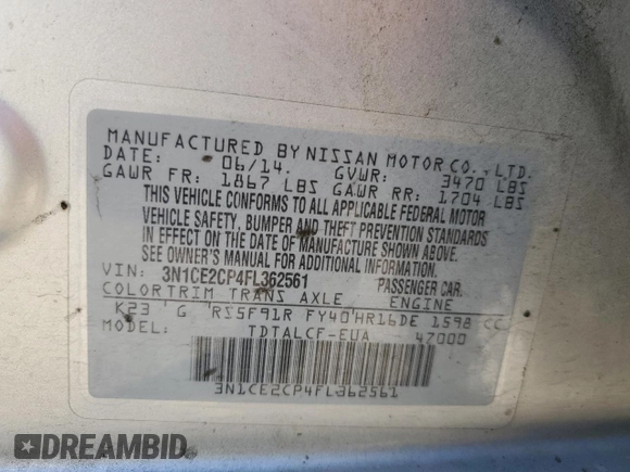 2015 Nissan Note S Plus с VIN 3N1CE2CP4FL362561, выставлен на аукционе Copart как лот 85737954 с пробегом 153 136 миль миль и Списание • Salvage title. История ставок и продаж доступна на DreamBid. Изображение 13.