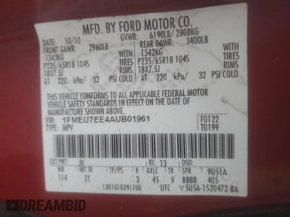 2010 Ford Explorer Eddie Bauer with VIN 1FMEU7EE4AUB01961, listed as a Copart auction lot 52339585 with 117,139 mi miles and Salvage Title. Bid and sale history available at carsss.com. Image 14.