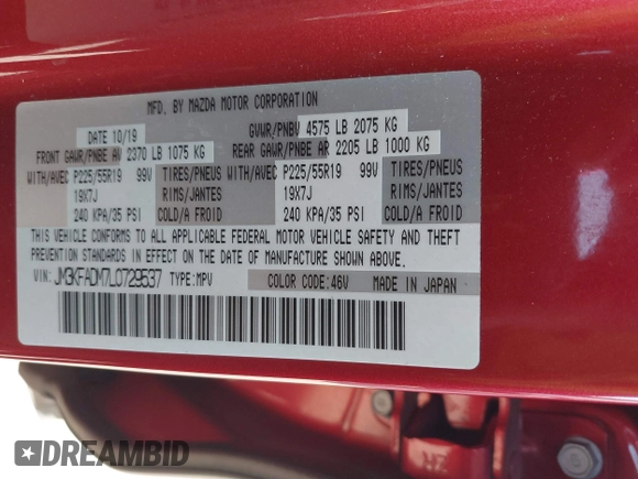 2020 Mazda CX-5 Grand Touring with VIN JM3KFADM7L0729537, listed as a IAAI auction lot 41864569 with 82,998 mi miles. Bid and sale history available at carsss.com. Image 9.