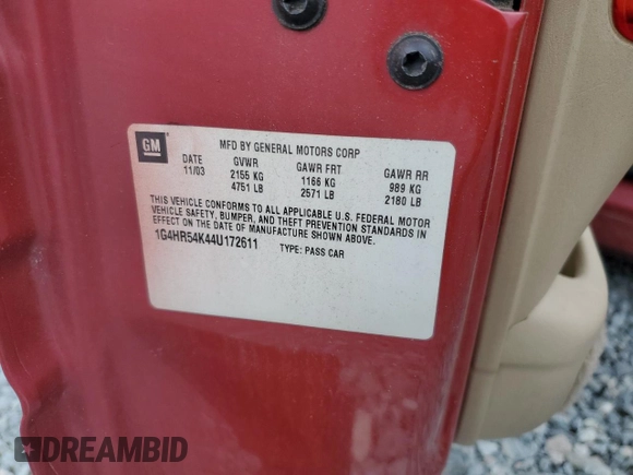 2004 Buick LeSabre Limited with VIN 1G4HR54K44U172611, listed as a Copart auction lot 56369745 with 192,986 mi miles and Salvage title. Bid and sale history available at DreamBid. Image 13.