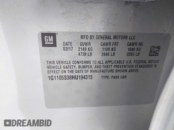 2017 Chevrolet Impala LT with VIN 1G1105S38HU194315, listed as a IAAI auction lot 41701022 with 96,567 mi miles and . Bid and sale history available at DreamBid. Image 9.