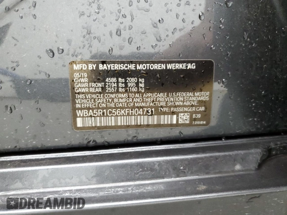 2019 BMW 3 Series 330i with VIN WBA5R1C56KFH04731, listed as a Copart auction lot 56854405 with 99,999 mi miles and Clean title. Bid and sale history available at DreamBid. Image 12.