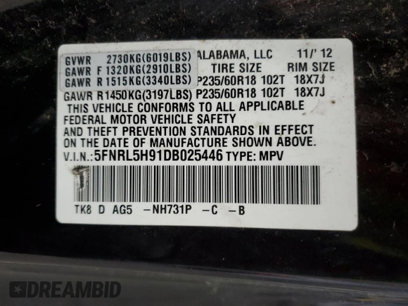 2013 Honda Odyssey Touring with VIN 5FNRL5H91DB025446, listed as a Copart auction lot 45139715 with 142,941 mi miles and Salvage Title. Bid and sale history available at carsss.com. Image 16.