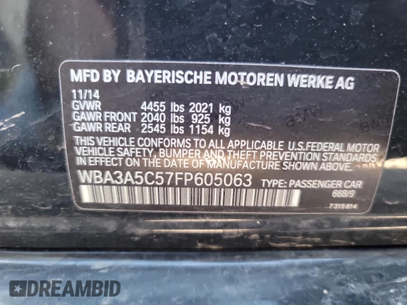 2015 BMW 3 Series 328i with VIN WBA3A5C57FP605063, listed as a Copart auction lot 54818934 with 148,500 mi miles and Clean Title. Bid and sale history available at carsss.com. Image 13.