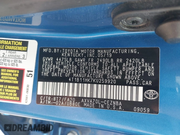 2019 Toyota Camry LE with VIN 4T1B11HK7KU259920, listed as a IAAI auction lot 42115493 with 69,254 mi miles and . Bid and sale history available at DreamBid. Image 9.