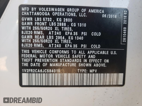 2018 Volkswagen Atlas SE with VIN 1V2FR2CA6JC584015, listed as a Copart auction lot 42130835 with 130,598 mi miles and Salvage title. Bid and sale history available at DreamBid. Image 16.