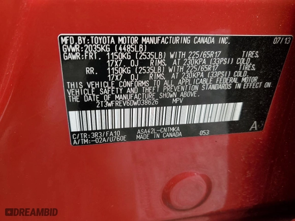 2013 Toyota RAV4 XLE with VIN 2T3WFREV6DW038626, listed as a Copart auction lot 48943225 with 113,676 mi miles and Salvage Title. Bid and sale history available at carsss.com. Image 14.