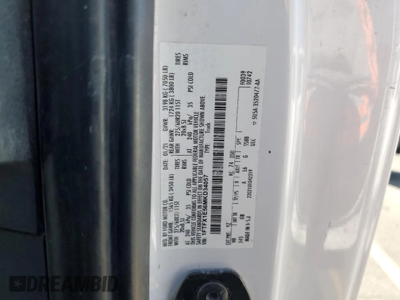 2021 Ford F-150 XL with VIN 1FTFX1E56MKD34057, listed as a Copart auction lot 63997585 with 99,679 mi miles and Clean title. Bid and sale history available at DreamBid. Image 12.
