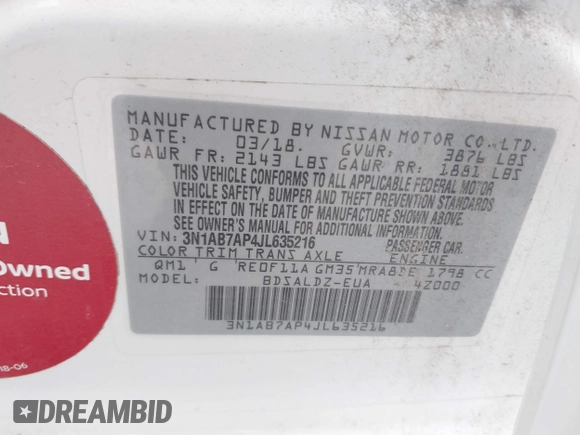 2018 Nissan Sentra SV with VIN 3N1AB7AP4JL635216, listed as a IAAI auction lot 41902964 with 49,951 mi miles and . Bid and sale history available at DreamBid. Image 9.