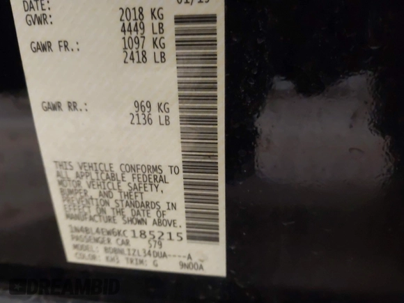 2019 Nissan Altima SL with VIN 1N4BL4EW6KC185215, listed as a IAAI auction lot 41135202 with 77,428 mi miles and . Bid and sale history available at carsss.com. Image 9.
