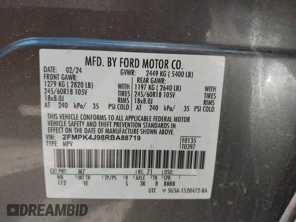 2024 Ford Edge SEL z VIN 2FMPK4J98RBA88719, wystawiony jako IAAI lot #42465705 z przebiegiem 26 101 mil mil oraz . Historia ofert i sprzedaży dostępna na DreamBid. Obrazek 9.