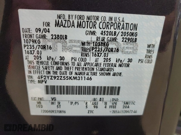 2005 Mazda Tribute i with VIN 4F2YZ92Z55KM31146, listed as a Copart auction lot 42934565 with 81,657 mi miles and Non Repairable. Bid and sale history available at carsss.com. Image 14.