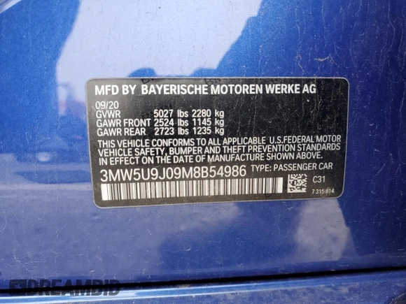 2021 BMW 3 Series M340i xDrive with VIN 3MW5U9J09M8B54986, listed as a Copart auction lot 81604134 with 0 mi miles and Salvage Title. Bid and sale history available at carsss.com. Image 14.